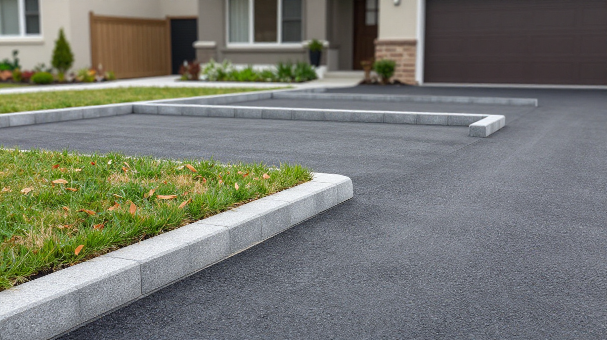 Grey belgium block edging separating a residential driveway from the lawn