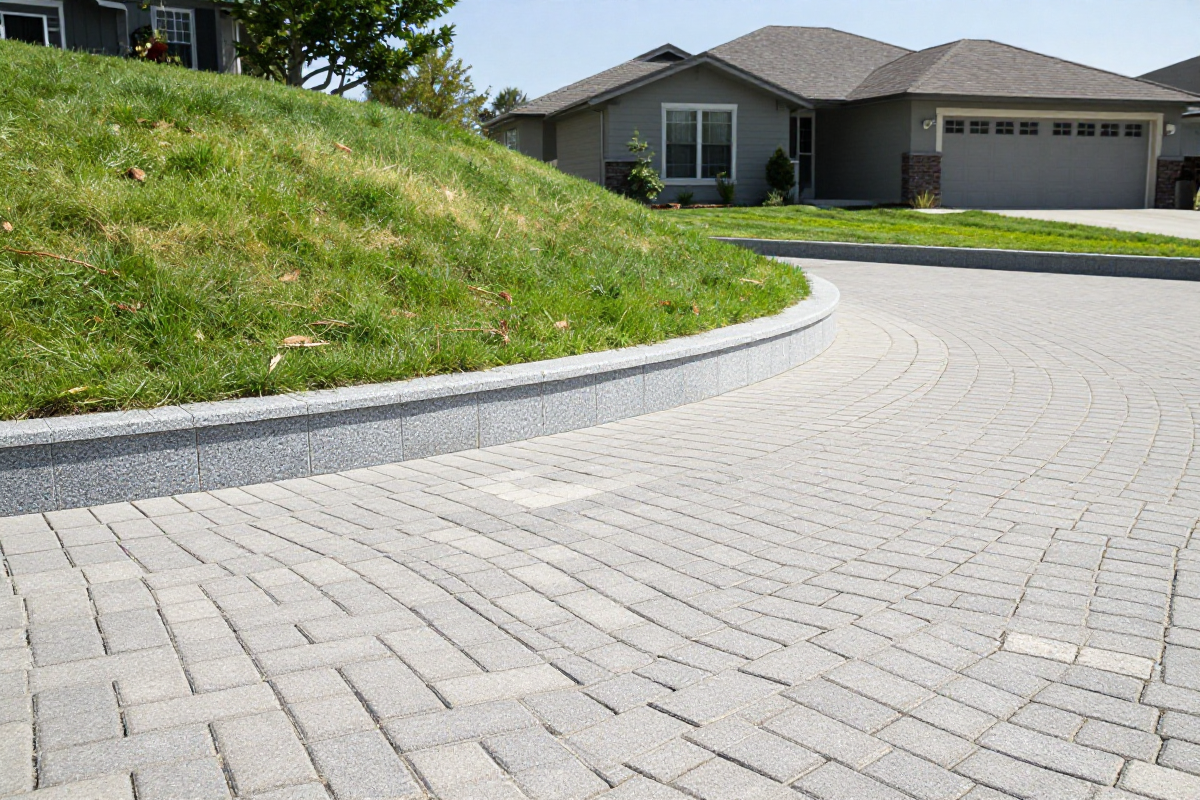 Curved paver driveway with a granite block retaining edge following the slope, house in the distance