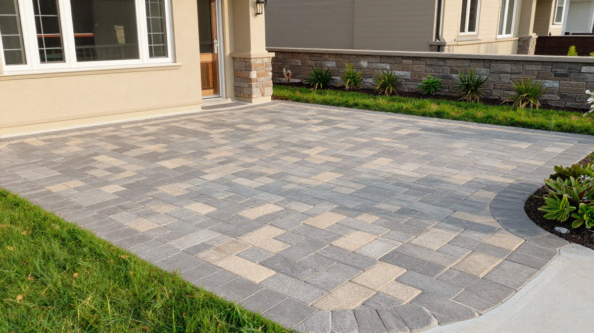 New paver patio with mixed grey and tan stones and a curved border beside a green lawn