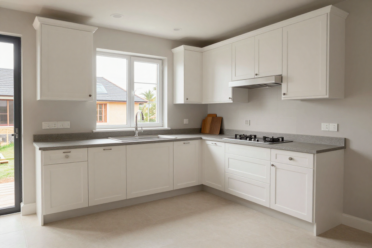 Renovated kitchen with white shaker cabinets, stone countertop and a window over the sink