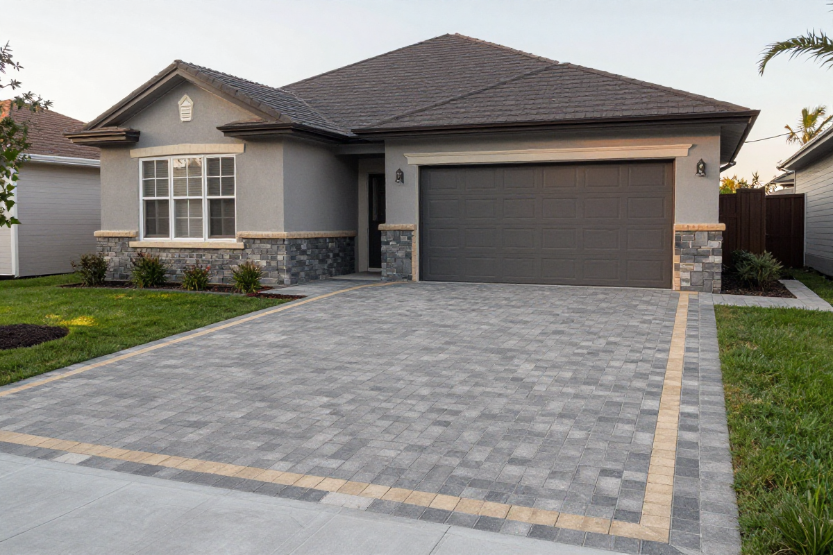 Residential driveway finished in grey and tan pavers with a contrasting border, leading to a two car garage