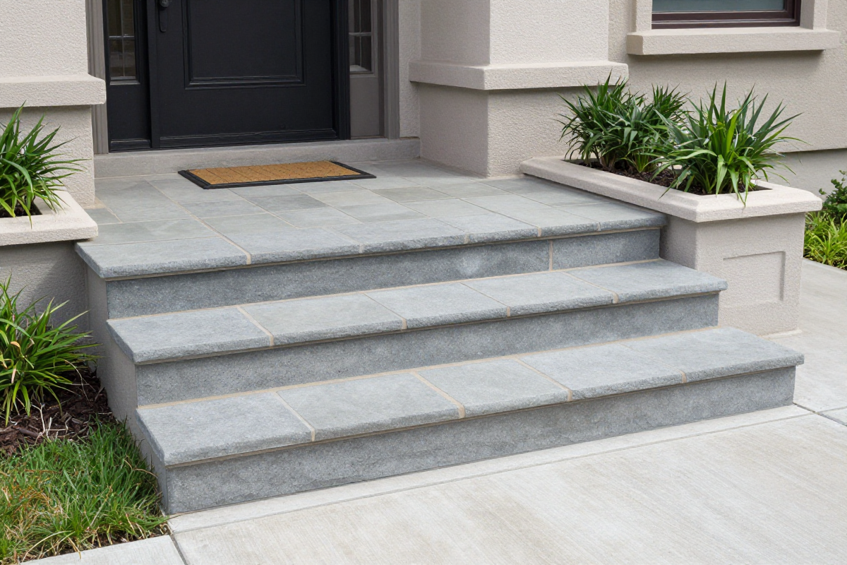 Outdoor steps built from stone pavers with a landing leading up to a front door