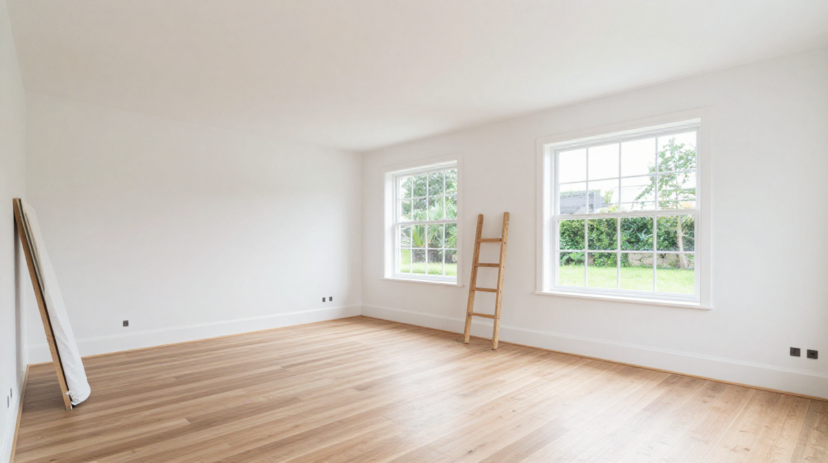 Freshly renovated room with white walls, wide plank wood floor and new windows
