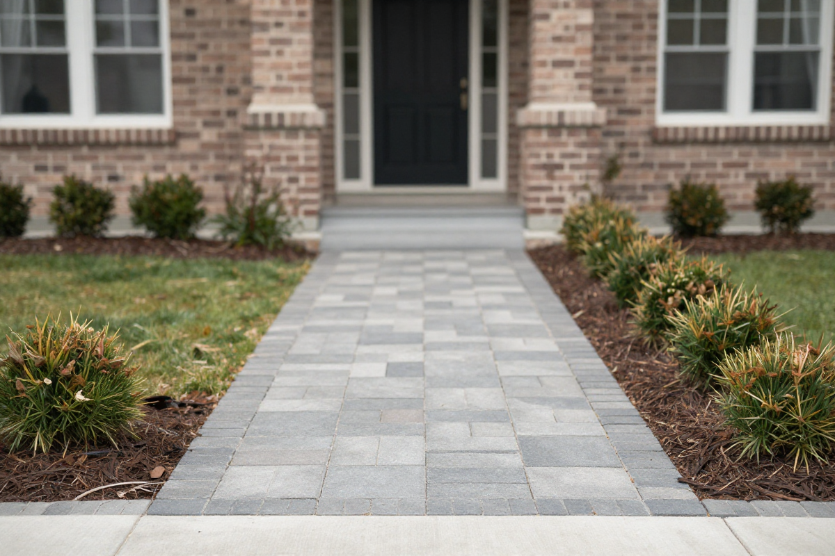 Front yard walkway paved with stone slabs and paver borders leading to the house entrance